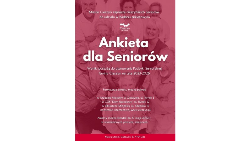 Plakat w kolorze czerwony z informacją o ankiecie dla seniora